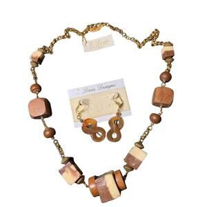 Necklace & Earrings Faux Gold, Wood & Plastic Bead Ethnic Edmar New Vtg